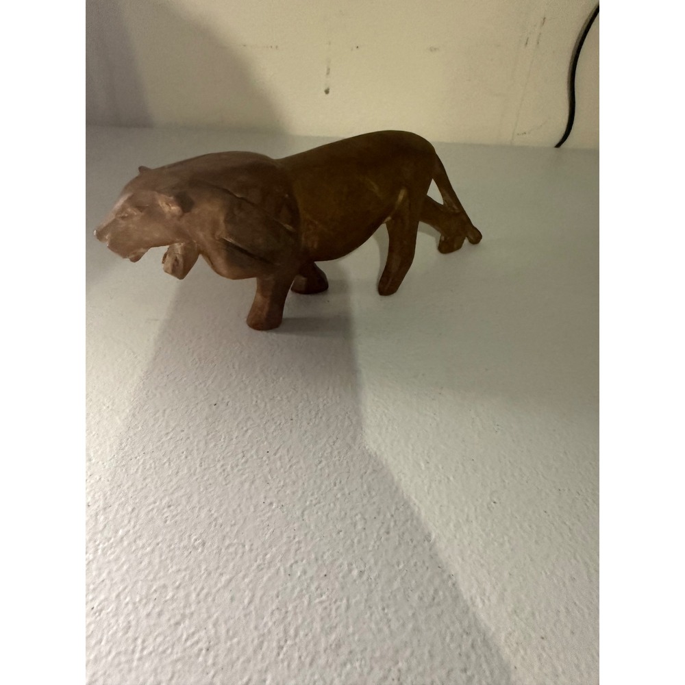 Vintage Hand Carved Wood Lion Figurine Prowling Safari Animal Sculpture Brown